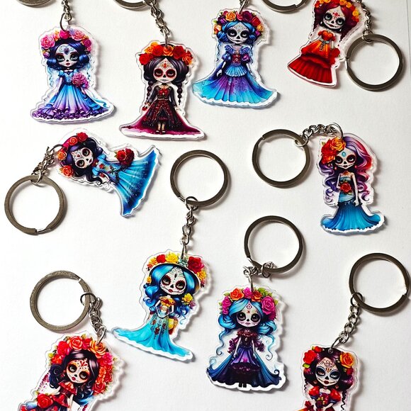 Day of the Dead Girl Sugar Skull Acrylic Keychain Blue Charm Dia de los Muertos - Picture 4 of 4